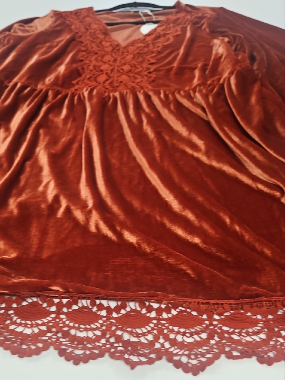 3 XL Velvet Crochet-Trim Long Sleeve Dress - Rust - Picture 6 of 13